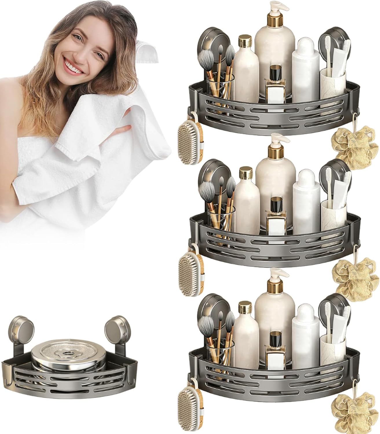 Triangle Suction Cup Shower Caddy, No-Drill Bathroom Corner Organizer with Hooks, Easy to Install, Heavy-Duty Strong Hold Shower Storage Rack for Shampoo & Soap (Grey*3)