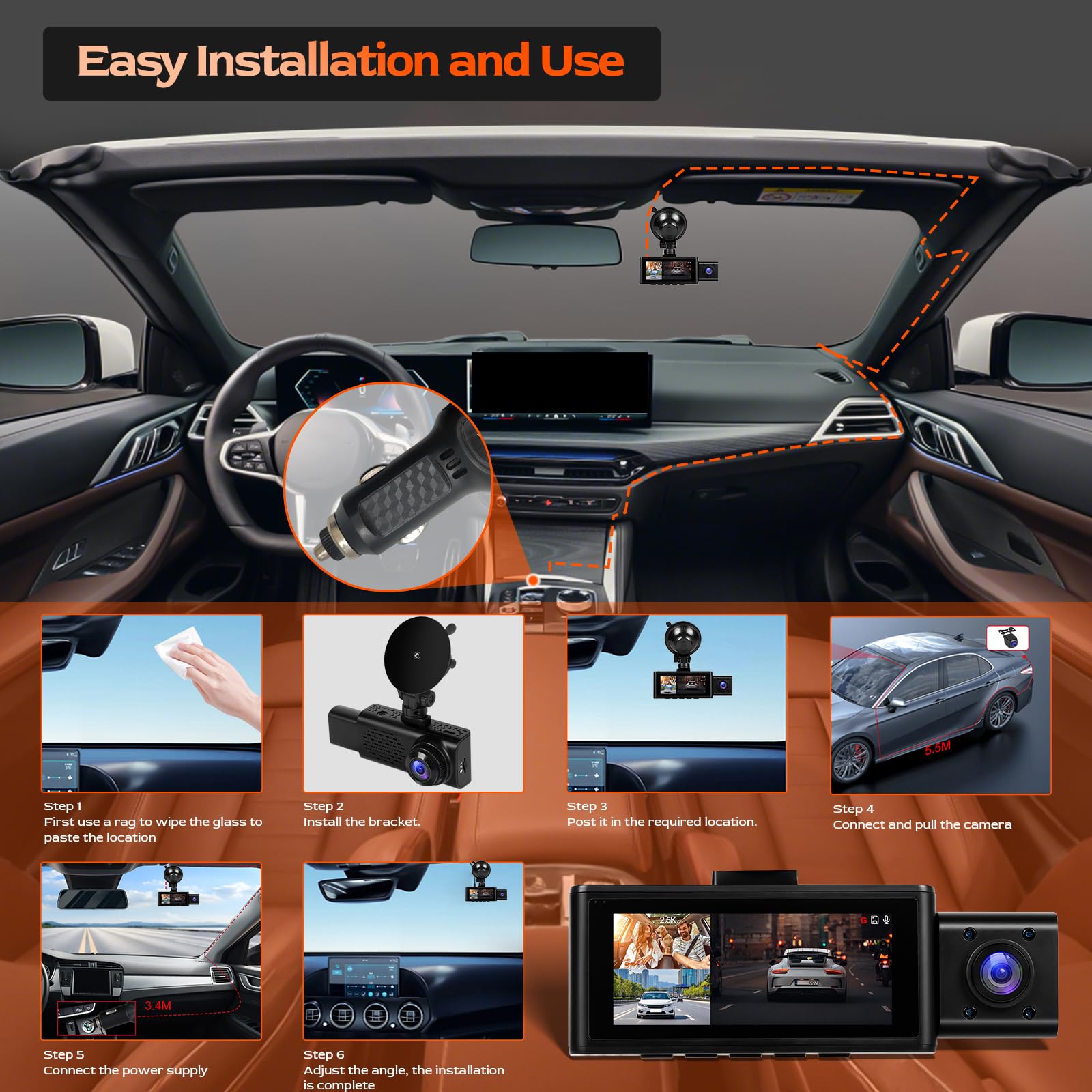 CAMECHO 3 Canaux Dashcam 2.5K Caméra embarquée Avant et arrière avec Vision Nocturne, GPS Ecran Dashcam 3.16 Pouces Enregistrement en Boucle, WiFi(APP), Mode Parking, Détection de Mouvement, Capteur G