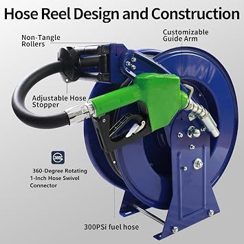 Fuel Hose Reel,1 X 50' Retractable Diesel Hose Reel W/Fuel nozzle,Fuel Swivel,Heavy-duty Industrial Settings. Max 300 PSI,Spring Rewind Mechanism Ease of Use for Farm Ships Vehicles