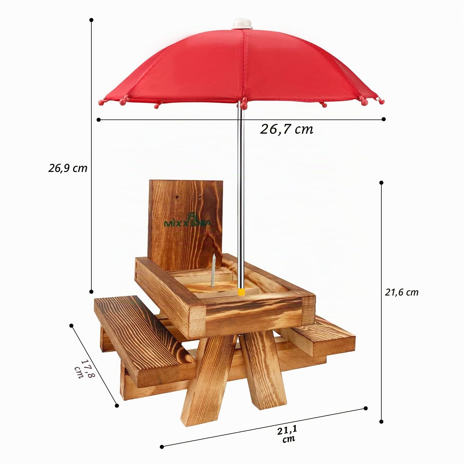 MIXXIDEA Eichhörnchen-Futterstation Picknicktisch mit hohem Regenschirm, Eichhörnchen-Futterspender aus Holz für draußen, niedlicher Streifenhörnchen-Futterspender mit Maiskolbenhalter, solide