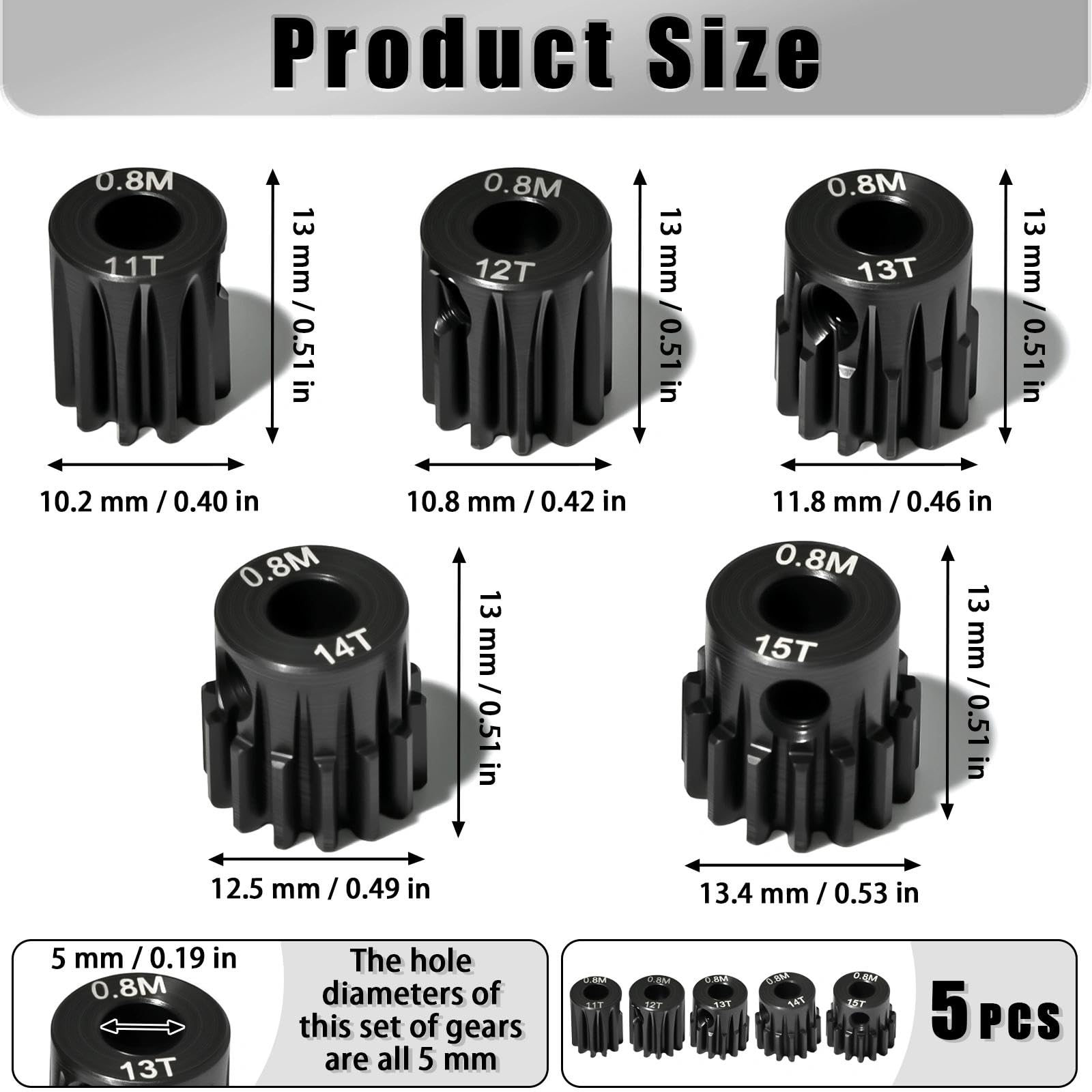 Set de 5 pignons moteur 0.6M en acier trempé 5mm 11T 12T 13T 14T 15T