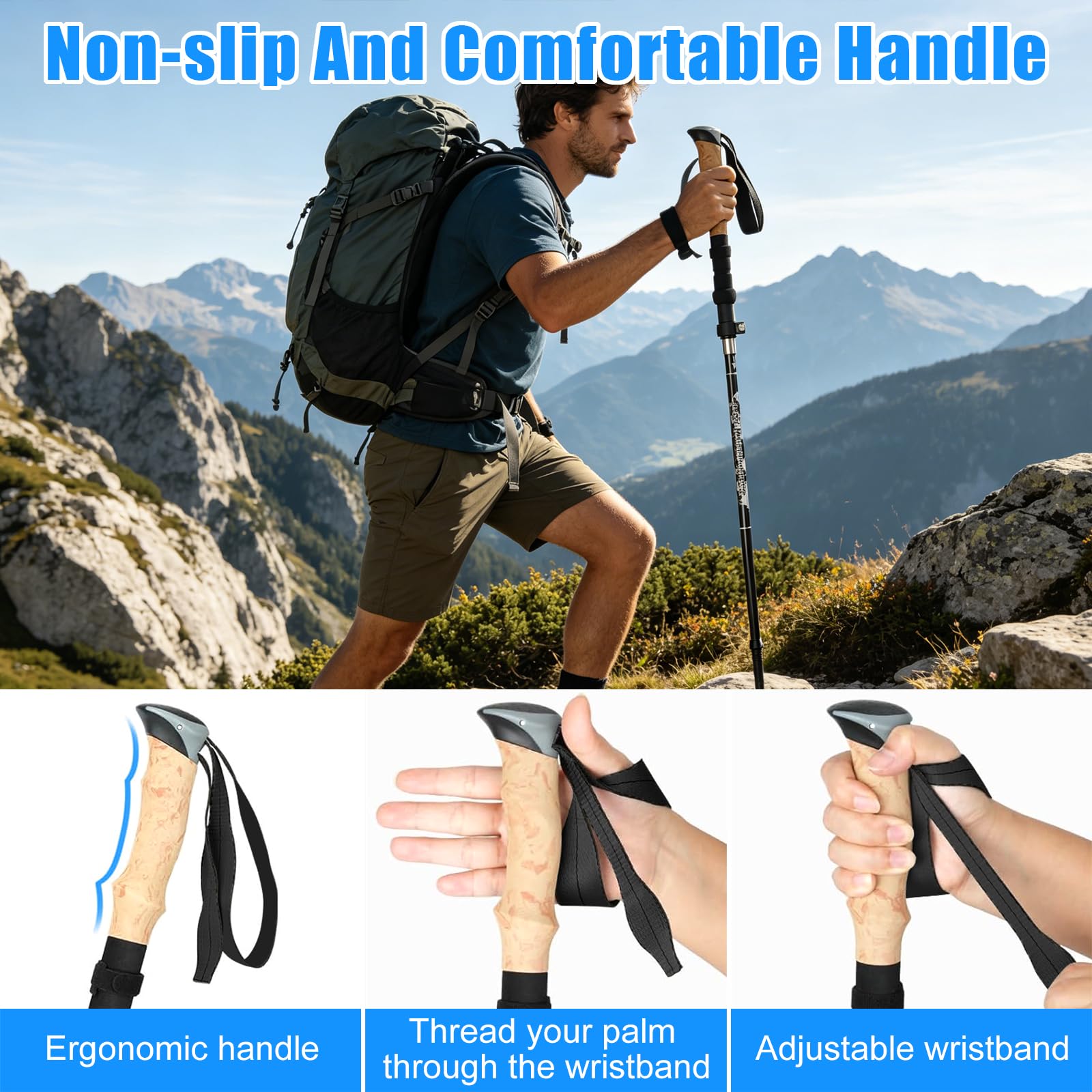 2 Pcs Bastones de Senderismo Telescópicos 105-135cm Hombre Mujer, Ultraligeros de Aluminio 7075, Bastones de Marcha con Puño de Corcho para Trekking, Nordic Walking, Esquí y Montañismo — view 4