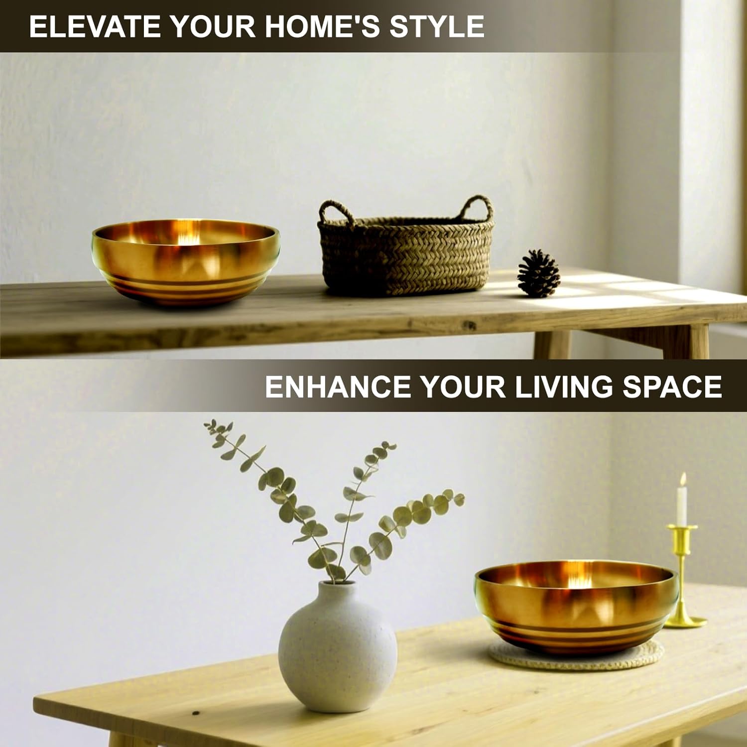 7.4 inch Gold Decorative Bowl for Home Decor - Modern Fruit Bowl for Kitchen Counter, Key Catch All & Entryway Table Centerpiece, Stylish Golden Finish