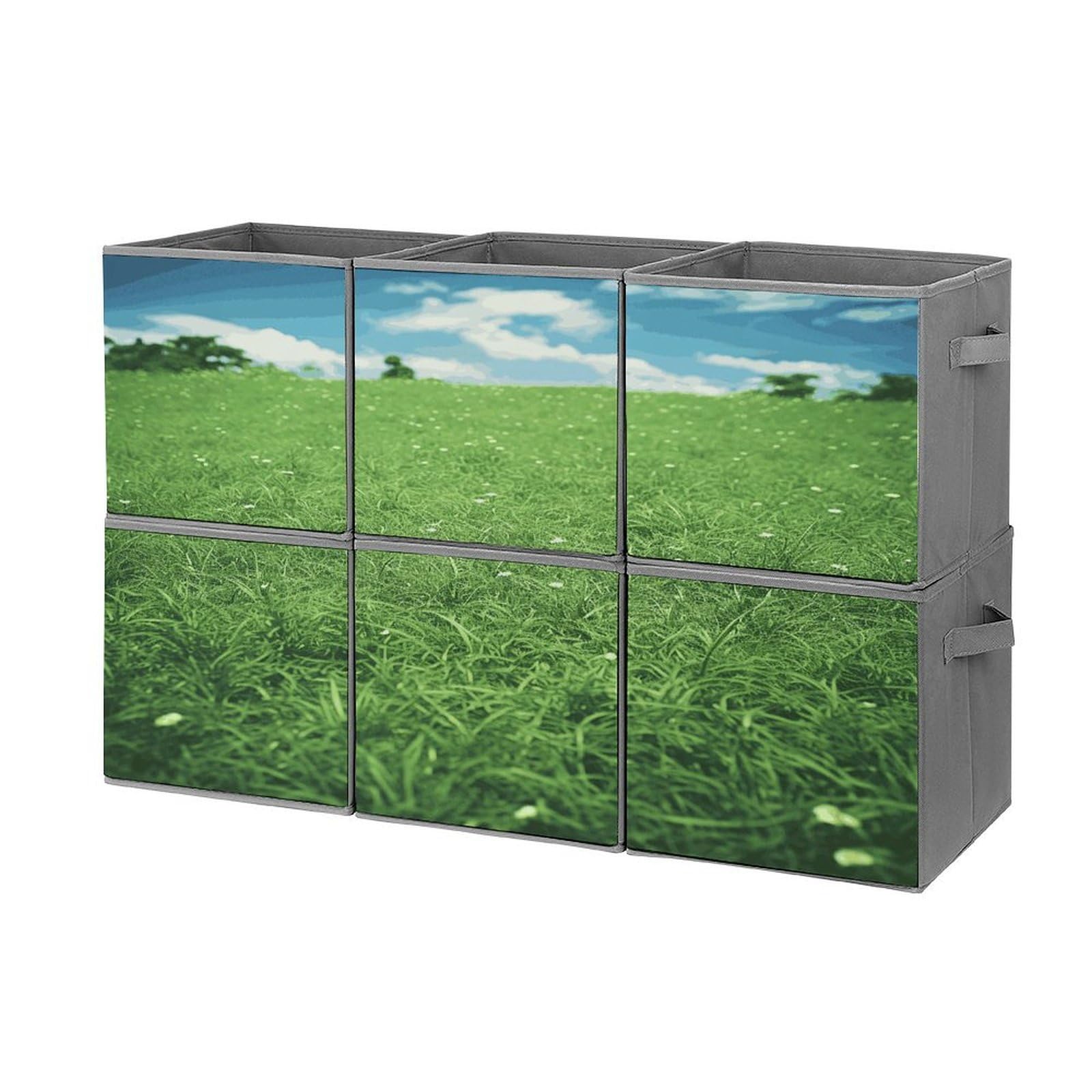 Fekiloot Style Green Lawn Storage Bin For Foldable And Handles,Closet Organizer Of 6-Pack Stackable,Storage Box For Living,Room, Office,Bedroom,Closet
