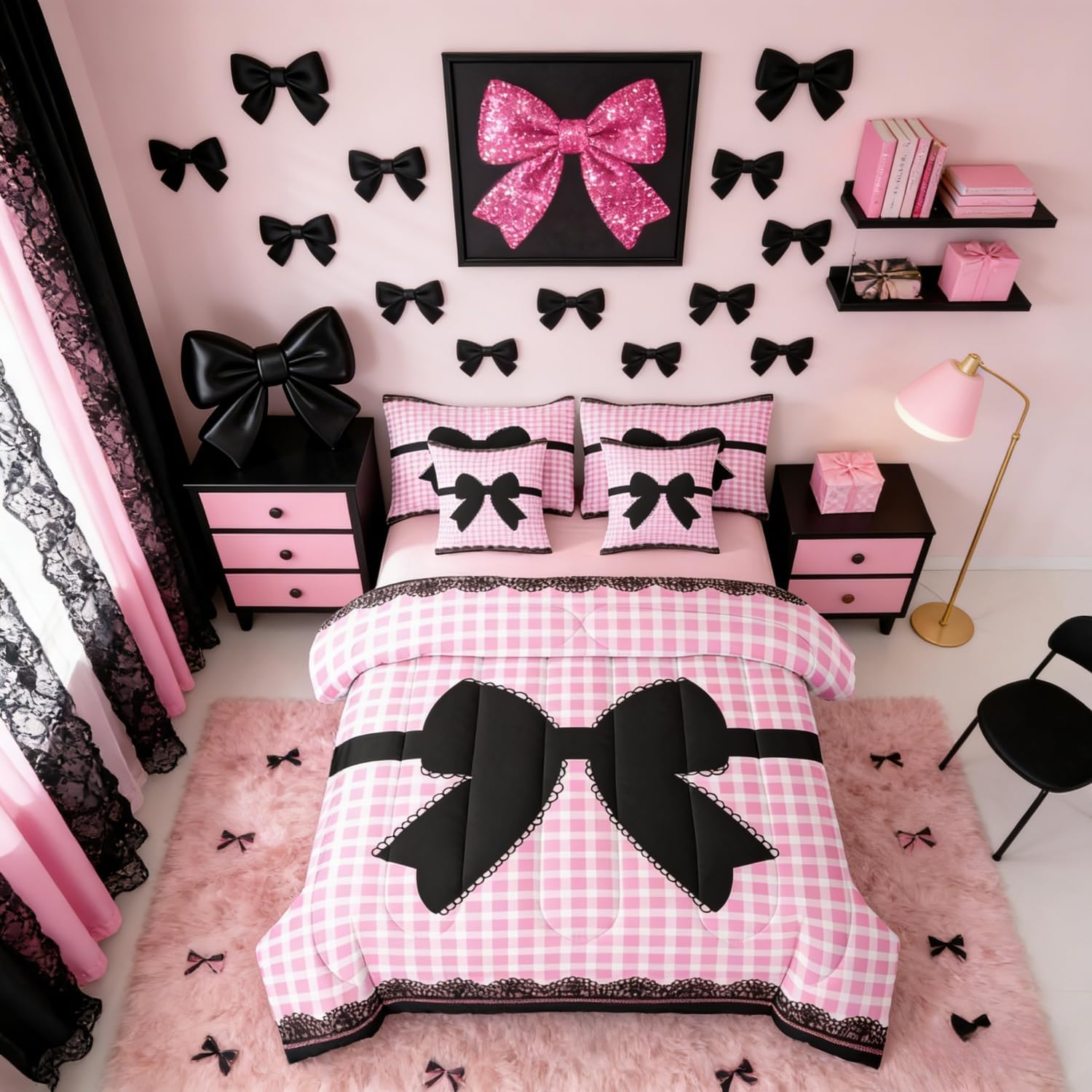 Erosebridal Pink Plaids 7 Piece Bedding Set Queen Size Black Bowknot Bed in A Bag for Kids Girls Girly Coquette Bows Comforter with Sheets Bow Tie Bed Sets