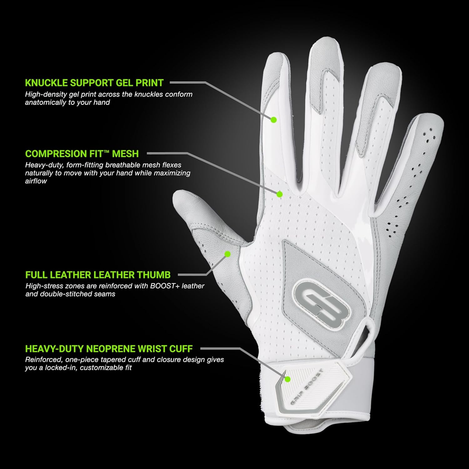 Grip Boost Baseball Batting Gloves with Boost Plus Leather – Adult and Youth Sizes for Men and Youth Players
