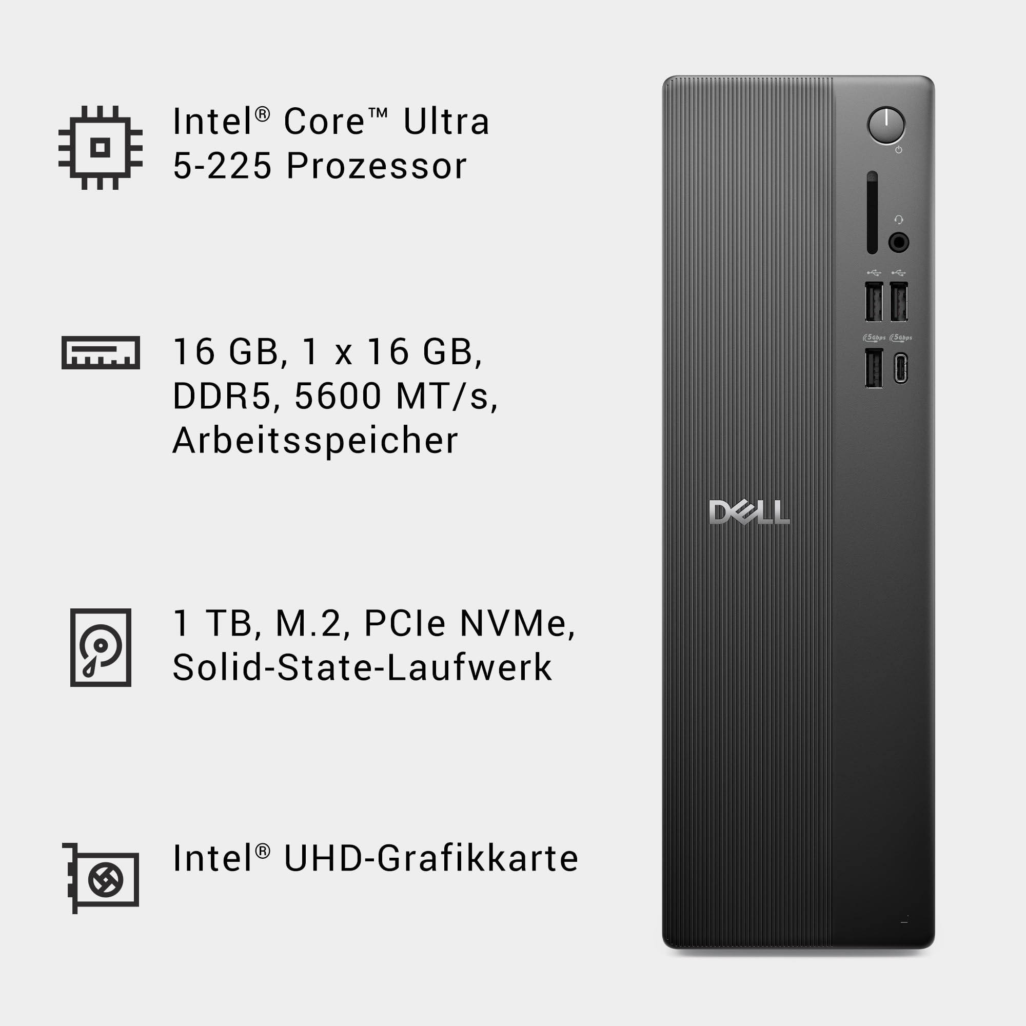Dell Slim Desktop ECS1250 - Intel Core Ultra 5-225 Processor, 16GB DDR5 RAM, 1TB SSD, Intel UHD Graphics, Windows 11 Home - Black