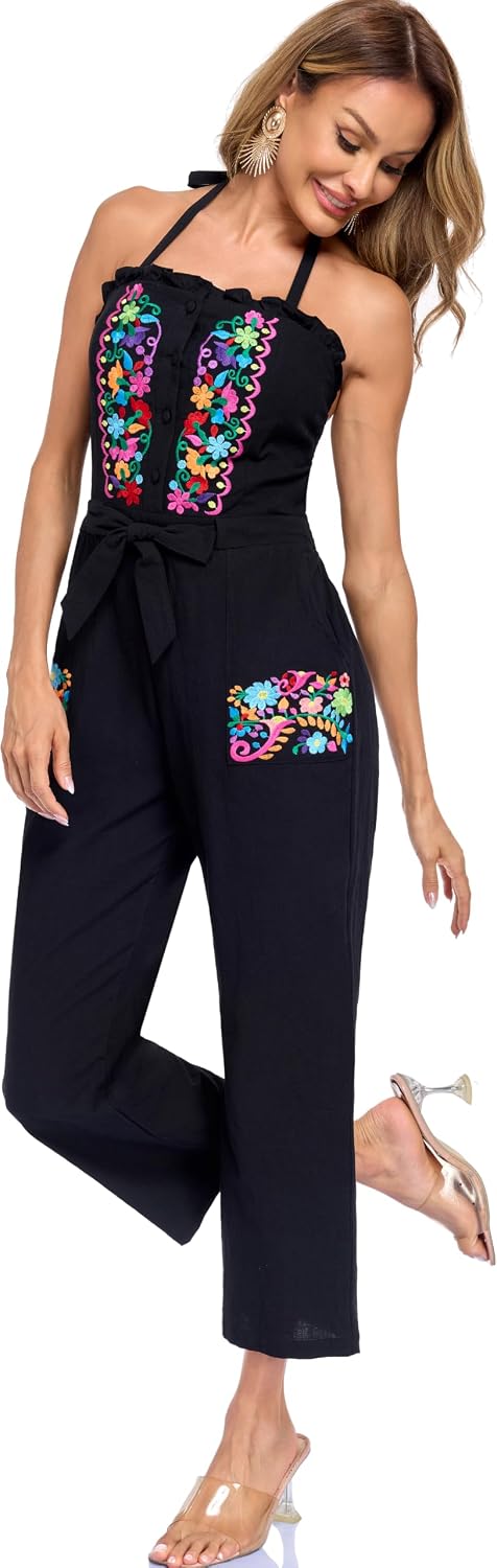 Women's Floral Embroidered Jumpsuit Casual Wide Leg Boho Pocket Romper