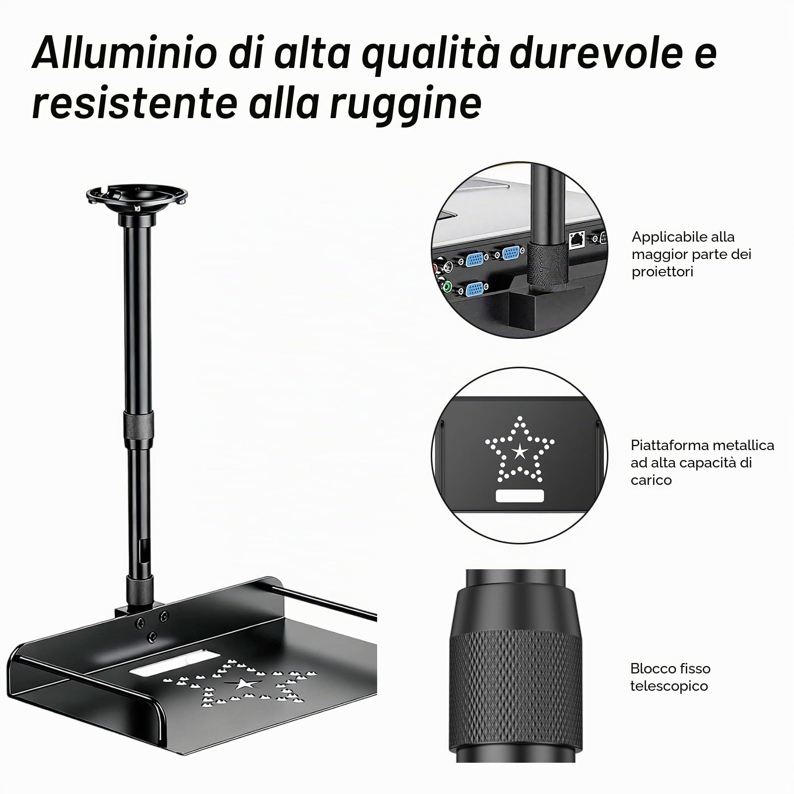 Supporto Universale a Soffitto per Proiettore, Regolabile in Altezza 30-60cm con Gestione Cavi, Staffa Soffitto Stabile per Gruppentreffen Home Cinema & Ufficio (Nero)