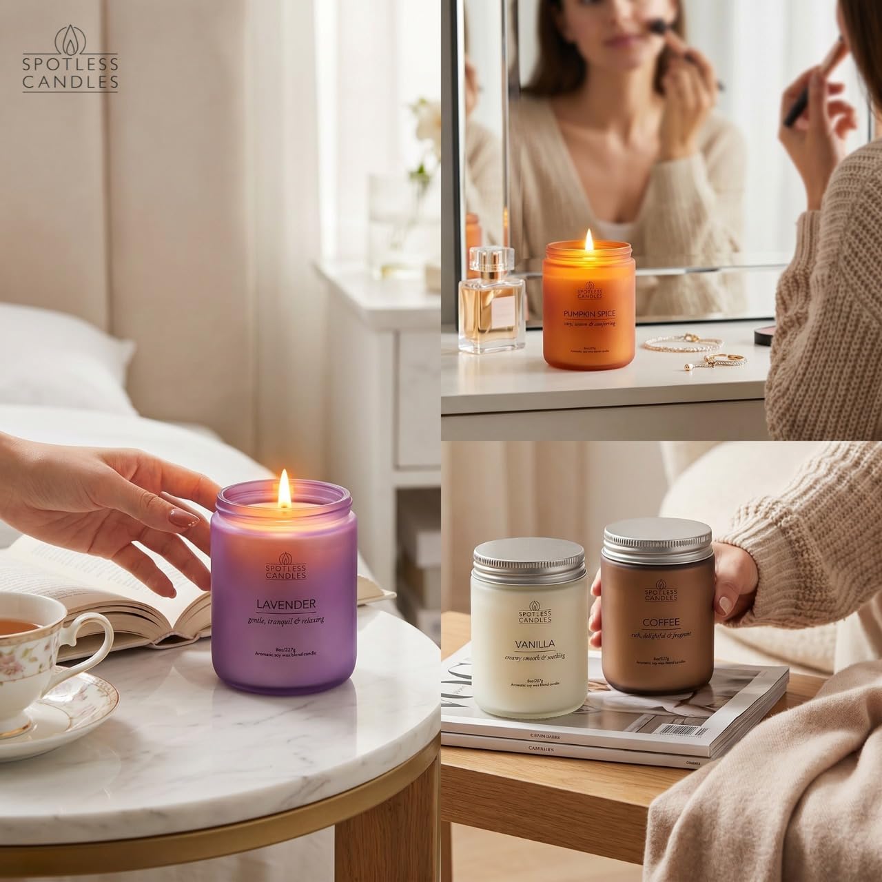 Spotless Leopard Juego de velas para mujer, regalos para mujer, paquete de 4 velas perfumadas de 227 g, juego mixto de aromas clásicos en tarros de vidrio de colores de 7,6 x 10,16 cm, pino, café,