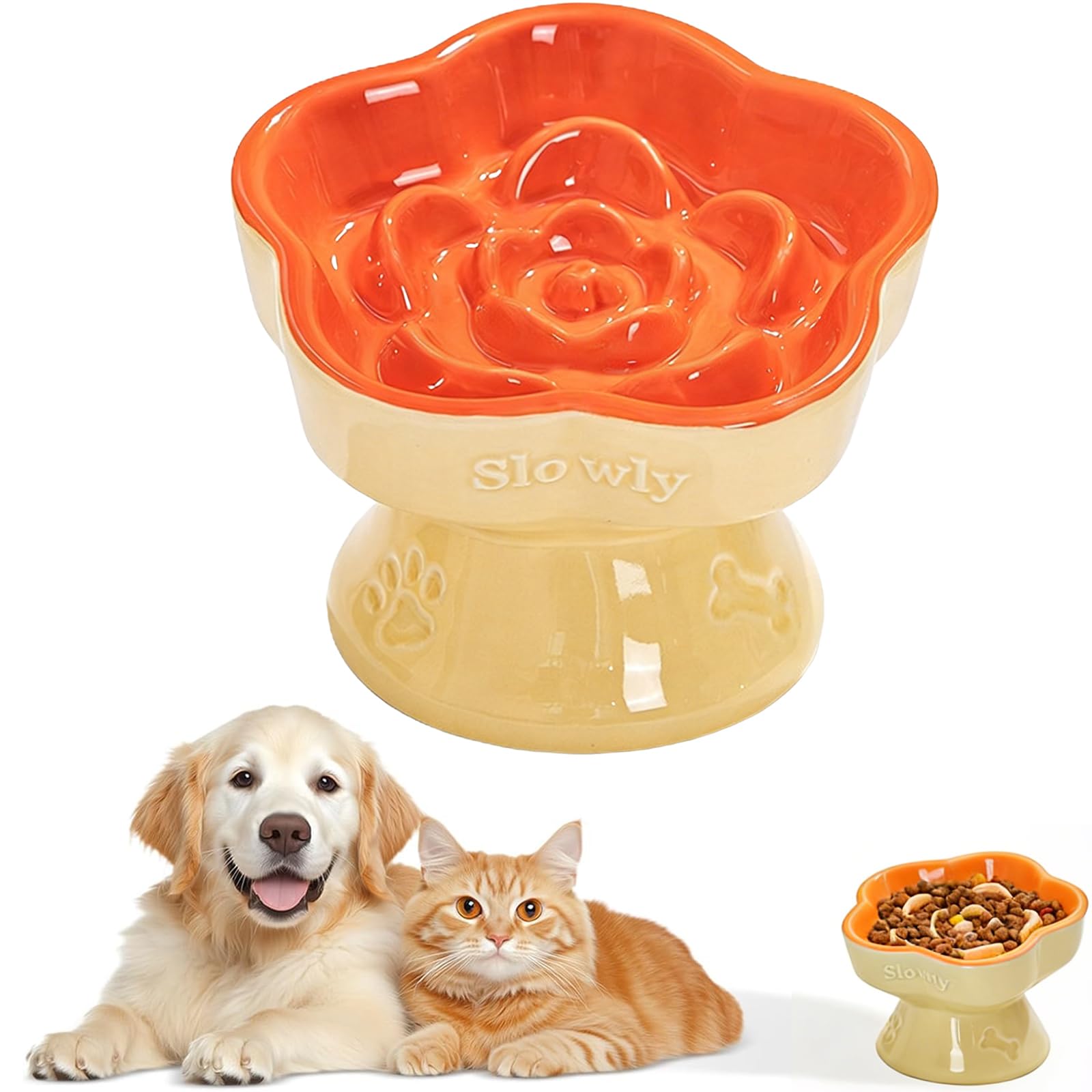 MEETOZ Raised Slow Feeder Cat Bowl, Ceramic Elevated and Cat Food Bowl Small Dogs Slow Feeder Bowl, Flower Shaped Cute Cat Bowl for Dry and Wet Food (Orange, 5.8")