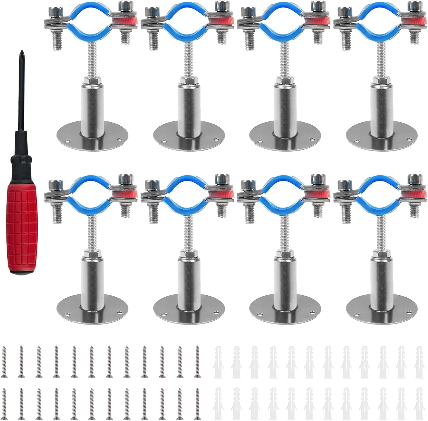 Kodilin 8PCS 304 Stainless Steel Wall Mount Ceiling Mount Pipe Supports,Suitable for OD Pipe 3/4"(25-28mm),Adjustable Height 50-100mm,Adjustable Pipe Strap Clamp with Screws