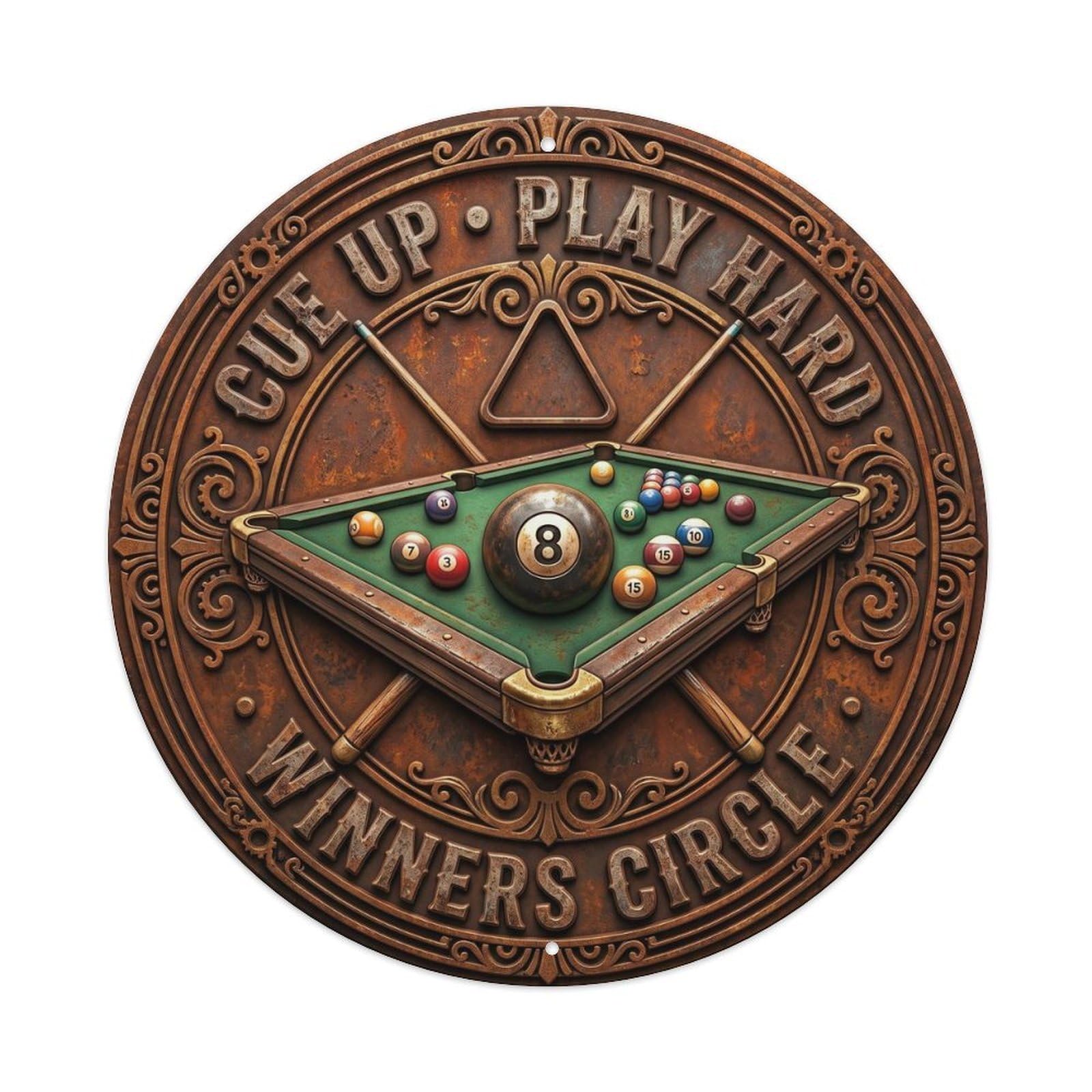 Cwbufd Vintage Style Cue Up Play Hard Winners Circle Vintage Metal Tin Sign Plaque Wall Decor For Cafe, Club Bar, Office, Garden Metal Poster 8X8inch