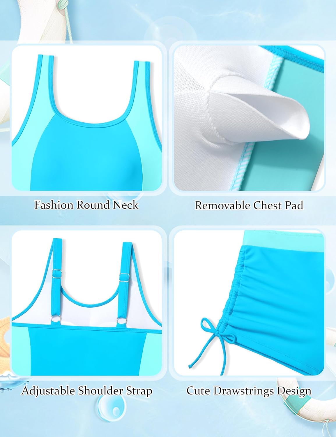 Girls Swimsuit Two Piece Color Block Adjustable Strap Tankini Sets with Drawstring Shorts Bathing Suit for Girls 9-16Y - Image 6