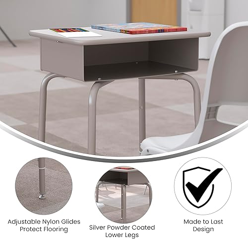 Miniatura 5 de EMMA + OLIVER Buckley - Escritorio para estudiantes, parte superior con acabado de granito sintético gris, marco de metal plateado, caja frontal