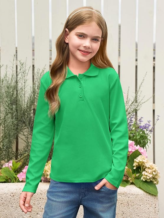 Haloumoning Girls School Uniform Long Sleeve Polo Shirt Kids Golf Pique Polo Shirts 5-14 Years
