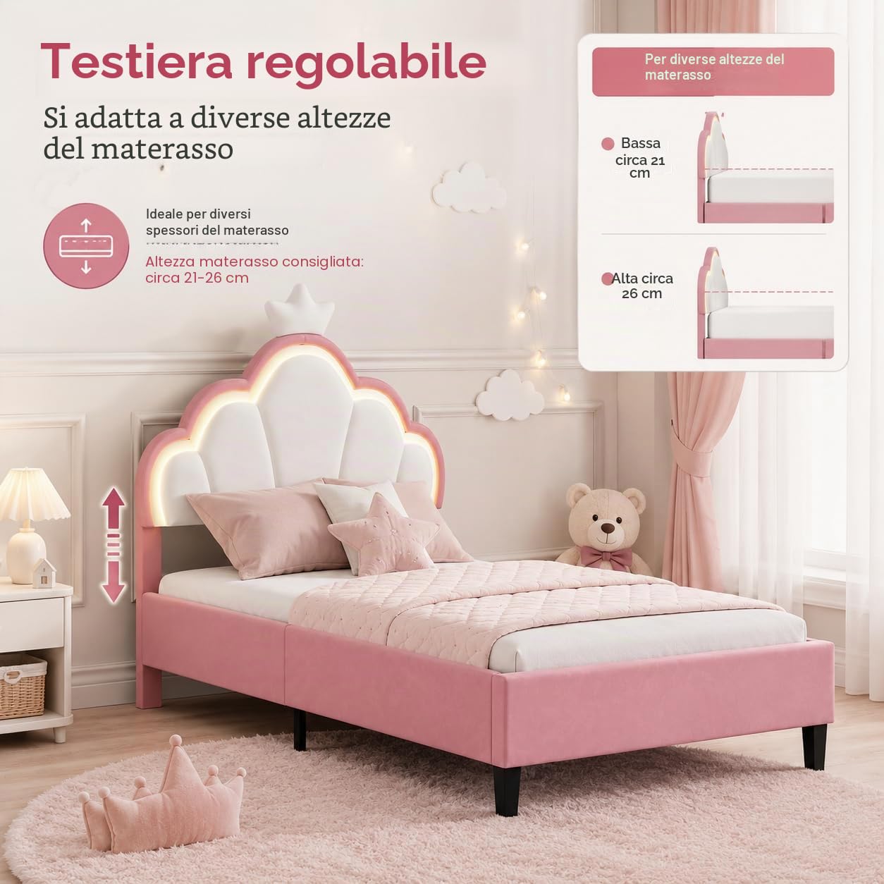 DULRLLY Letto bambini imbottito 90x200 cm, letto singolo con strisce LED regolabili e Testiera a forma di corona, letto Principessa con rete a doghe per bambini ragazze e adolescenti
