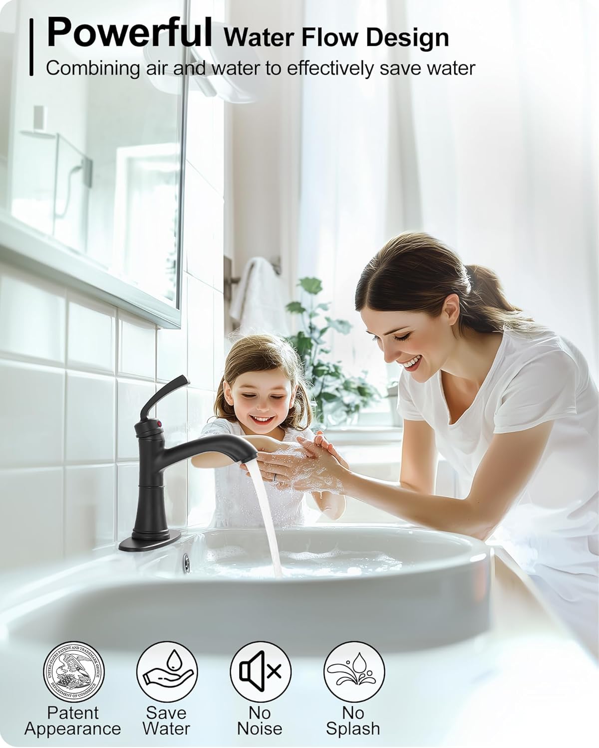 Brass Bathroom Faucets One Hole, Black Bathroom Sink Faucet 4 Inch Single Handle Bathroom Faucet 3 Hole, Vanity Faucet with Deck Plate & Pop-up Drain, No Splashing