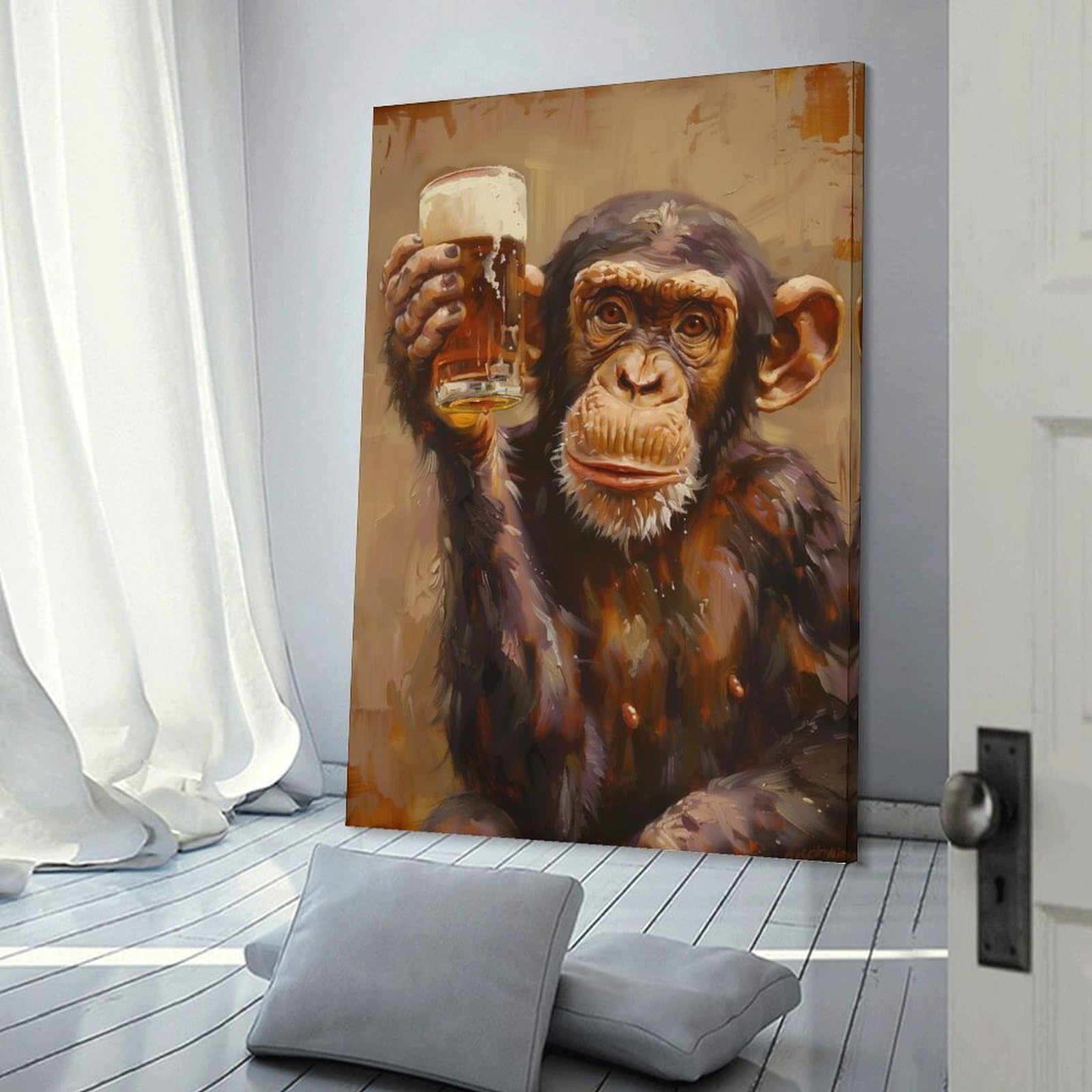 Junmoney Frame-Style Canvas Art Print Beer Drinker Monkey, 16X24inch(40X60cm), For Contemporary Homes, Apartments Or Offices, Decorative Canvas Decor For Home Updates