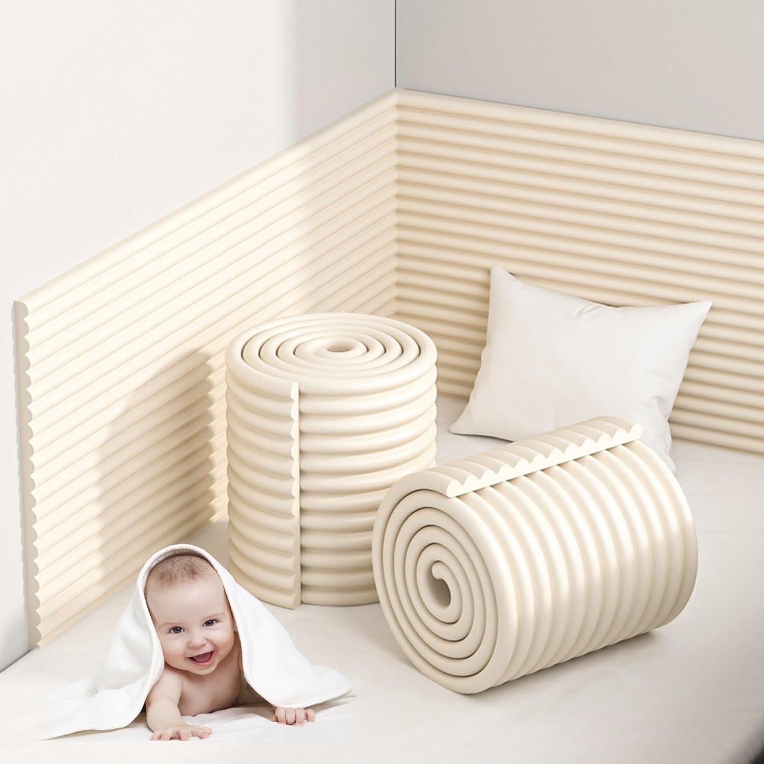 3D Wall Stickers Decor, Padded Upholstered Wall Panels, Multifunctional Edge & Corner Guards, Anti-Collision Wall Padding for Kids' Safety, Beige Cushion (1 Piece)