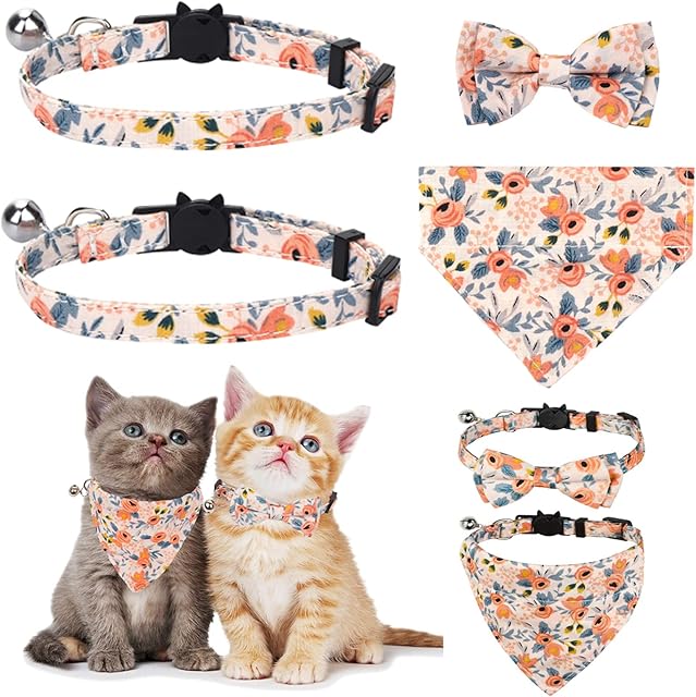 Molain 2 Pcs/Sets Cat Collars with Bells Removable Bow Tie Bandana 2 Pet Collars+1 Dog Bandana+1 Bow Kitten Collar Cat Bandana Dog Bowtie Adjustable Collar for Cats Dogs Puppy Pets Cat Accessories