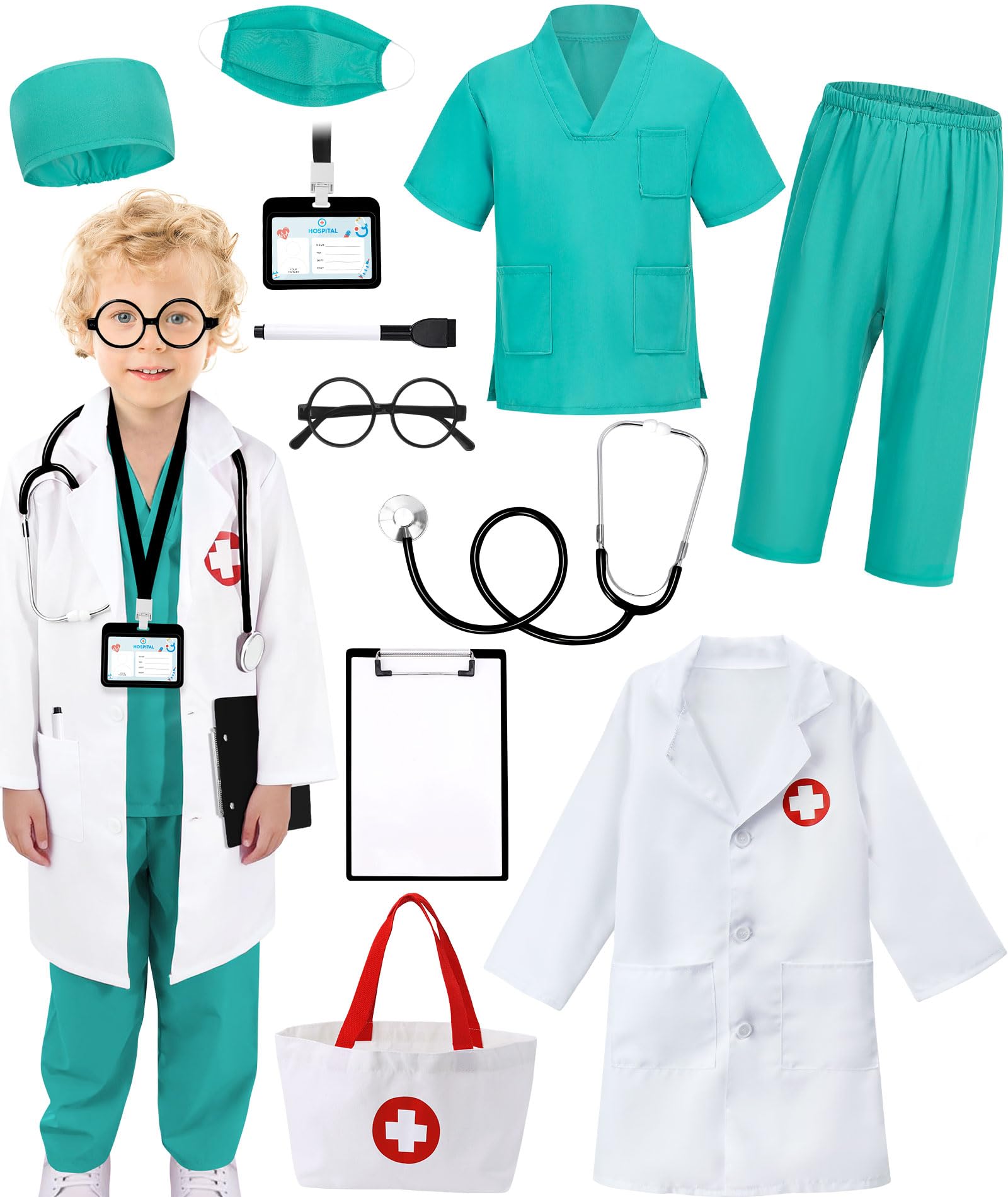 Photo 1 of Boutrele 12 PCS Doctor Costume for Kids,Scrubs with Lab Coat/Nurse Costume Kids Set,Girls Boys Doctor Career Day Costumes(Green, 7-8 Years)