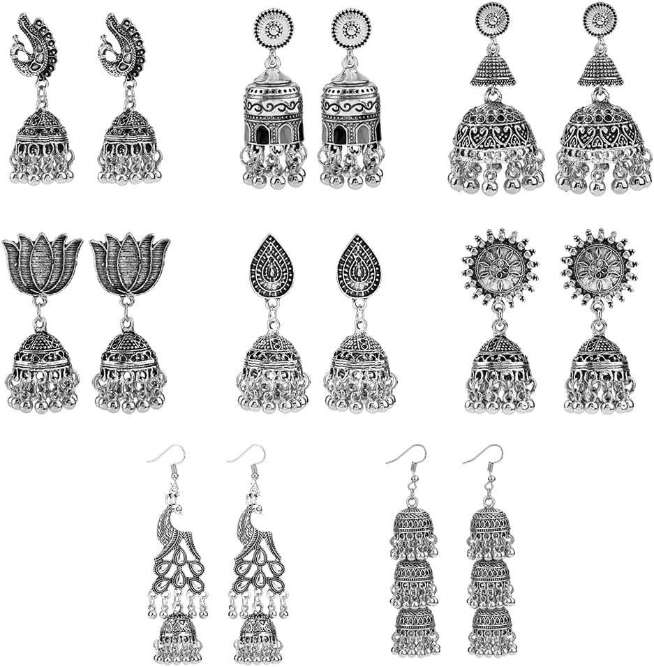 UNICRAFTALE 8 Pairs Indian Ethnic Earring Vintage Long Tassel Bell Earrings Retro Peacock Drop Earrings Exotic Style Earrings Fashion Boho Jewelry Wedding Party Gifts for Woman