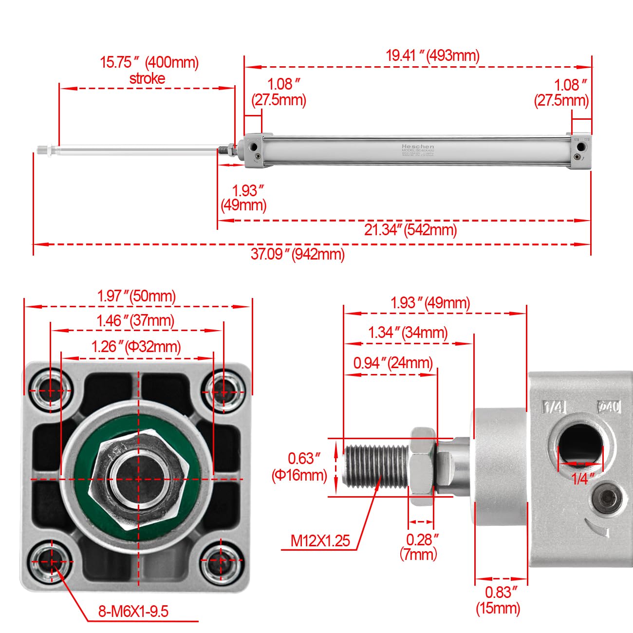 Cilindro Pneumatico Heschen SC 40-400, Doppio Effetto Con Alesaggio 40mm E Corsa 400mm - Ideale Per Applicazioni Industriali