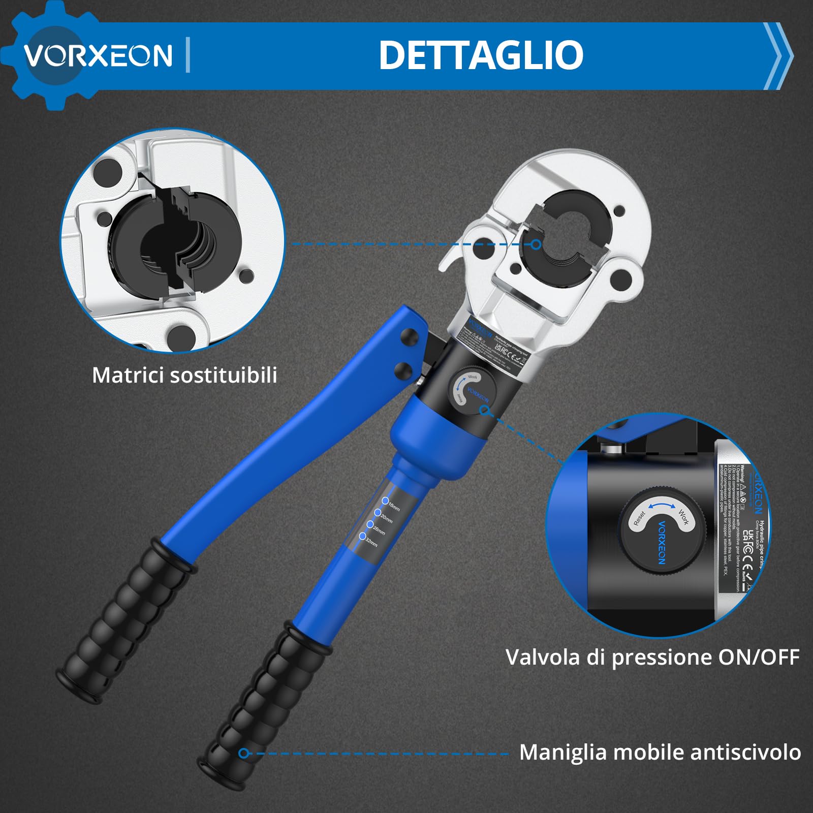 Set 8-Ton Pinza a Crimpare Idraulico con 4 Matrici TH (16/20/26/32mm), Pistola a Pressa Professionale per Tubi Multistrato in Plastica Alluminio PEX PB, Testa Girevole 360°