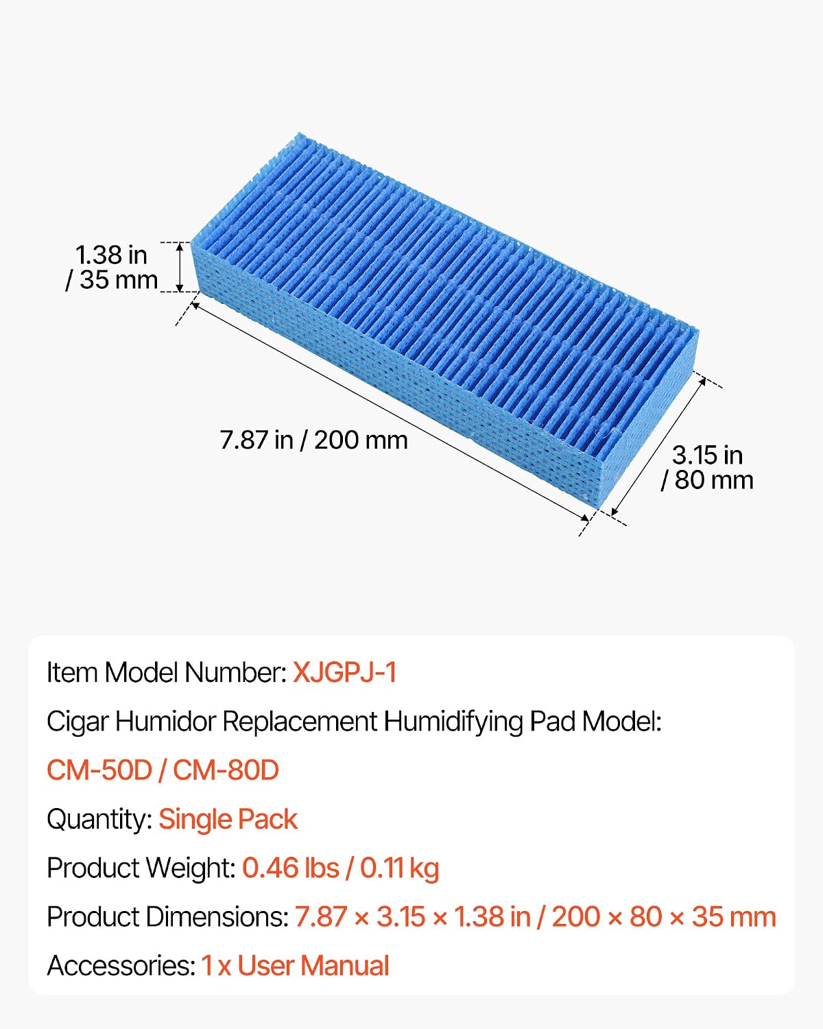 VEVOR Humidifier Replacement Filter, Single Pack Humidifying Pad for CM-50D/CM-80D Cigar Humidor Water Tanks, 3D Multi-Layer Honeycomb Mesh, Cigar Flavor Preservation, Cut-to-Fit for Your Humidor