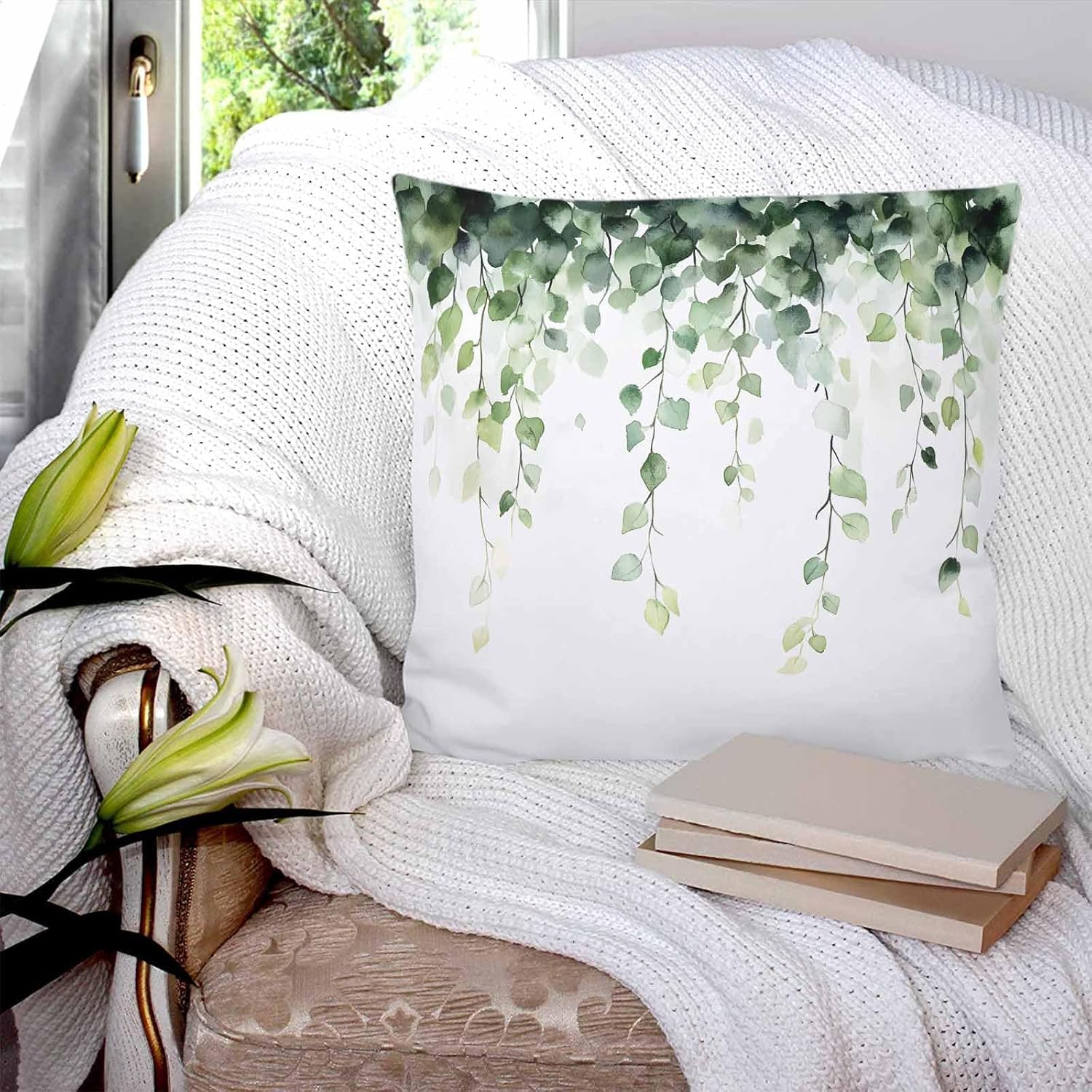 A single Vintage Pastoral Plant pillowcase on a white armchair