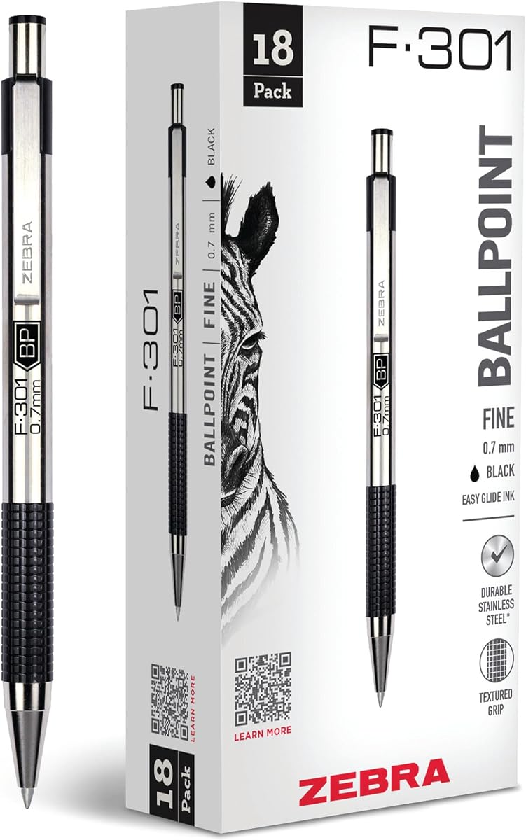 Zebra Pen STEEL F-301 Retractable Ballpoint Pen, Black Ink, 0.7mm, 18-Pack | Stainless Steel Barrel, Non-Slip Grip, Easy-Glide Ink, Fine Point, Professional Design, Ideal for Journals & Planners (27118)