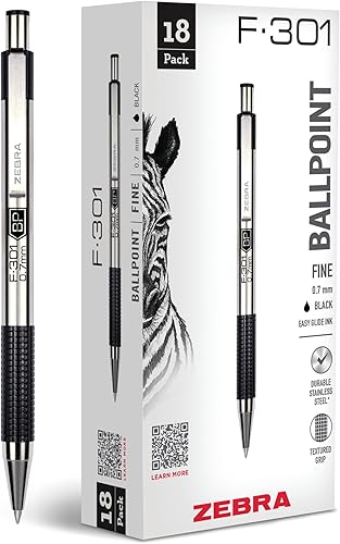Vista 6 de Zebra Pen F-301 Bolígrafo retráctil de acero inoxidable de 0.028 in, 12 unidades, tinta de fácil deslizamiento, agarre antideslizante, clip de negro
