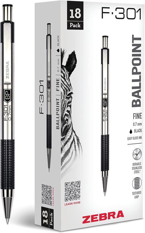 Zebra Pen STEEL F-301 Retractable Ballpoint Pen, Black Ink, 0.7mm, 18-Pack | Stainless Steel Barrel, Non-Slip Grip, Easy-Glide Ink, Fine Point, Professional Design, Ideal for Journals & Planners (27118)