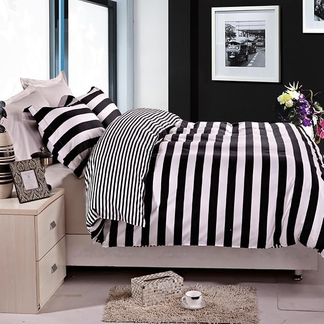 NTBAY 3 Pieces 100% Brushed Microfiber Striped Double Duvet Cover Set, Super Soft Black and White Printed Reversible Design Zippered Comforter Cover with Ties and 2 Oxford Pillowcases (Double, Stripe)