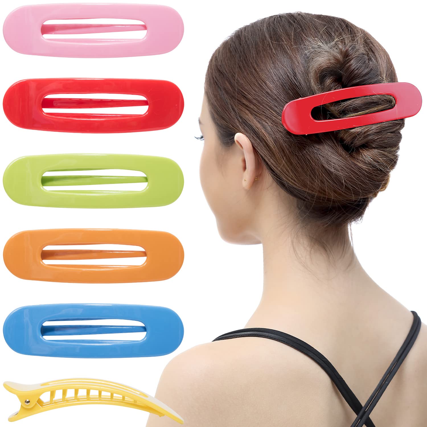 RC ROCHE 6 Pcs Flat Claw Hair Clips for Women Lay Down Barrettes No Crease Side Slide Thick Long Hair Duckbill French Against Head Jaw Claw Styling Clamp, Medium Rainbow