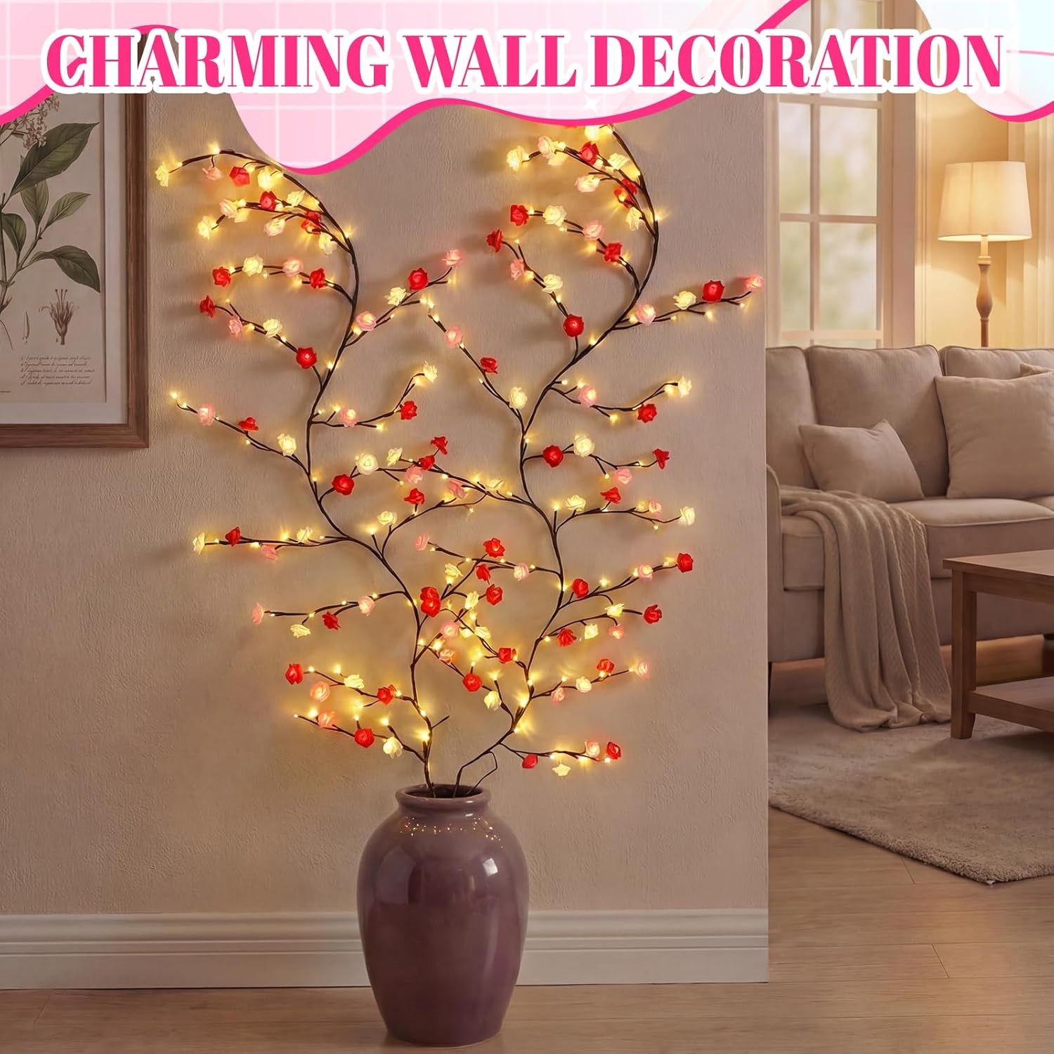 EBOOT 2 Pack Rose Blossom Enchanted Willow Vine Lights 7.5ft 144 LED 3 Color Rose Blossom Tree Branch Fairy Lights for Valentine's Day Wall Bedroom Living Room Wedding Decor