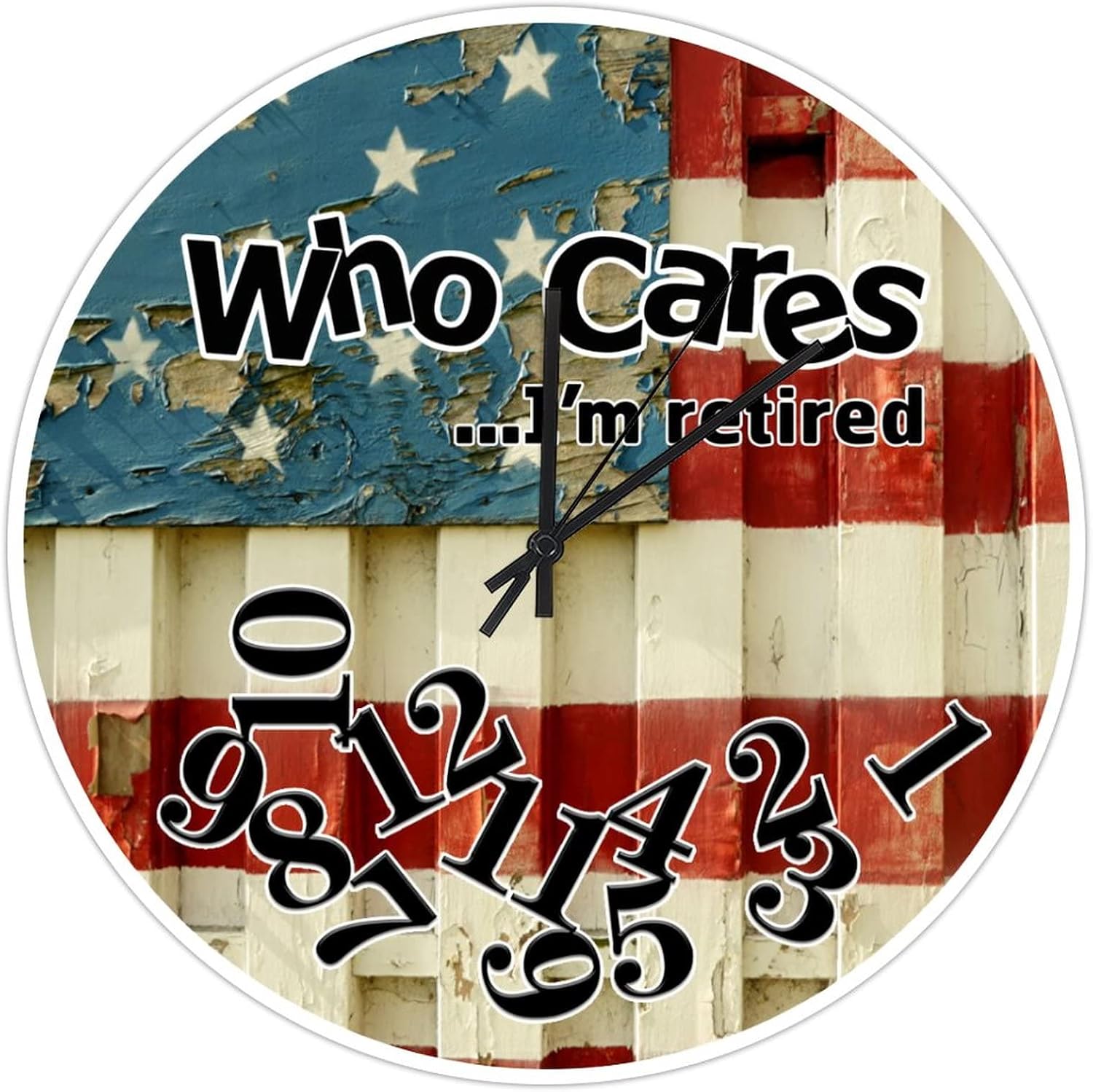 UFunhome Who Cares I'm Retired Clock 15-Inch USA Flag Silent Non Ticking Landscape Scene Wall Clock Battery Operated Hanging Round Wooden Clocks for Home Living Room Bedroom Dining Room