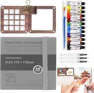 Tobios Watercolor Kit, Tobio Mini Watercolor Set, Travel Watercolor Set with 12 Color, Wooden Paint Box, Watercolor Book, 6 Brush, Portable Paint Palette for Artist(Wooden-L)