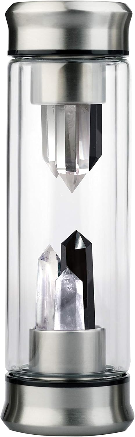 Crystal Water Bottle & Healing Crystal Wands,Energy Polymer Natural Chakra Quartz Stone,Double Glass with Stainless Steel Cover Gem Decor,Sports Yoga Reverse Water Bottle,Unique Collection Gift