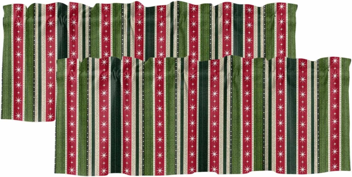 Red Green Stripes Valance for Window 2 Packs Stars Winter Christmas Light Filtering Kitchen Curtain Valances, Rod Pocket Windows Treatment for Bedroom Bathroom Living Room, 60x18in
