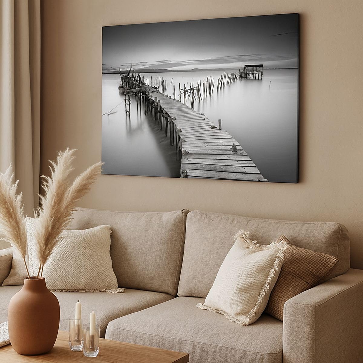 Wandbilder Dekoration Wohnzimmer Meer Brücke Landschaft Natur Bilder auf Leinwand 120x80cm Leinwandbild Schlafzimmer Deko Wand Kunstdruck Art Groß XXL Wanddeko Bild Wall Decor Canvas AA120x80-3082