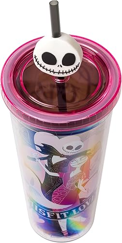 Miniatura 3 de Silver Buffalo Disney The Nightmare Before Christmas Misfit Love Featuring Jack Skellington and Sally Plastic Cold Cup with Lid and Straw Topper, 24