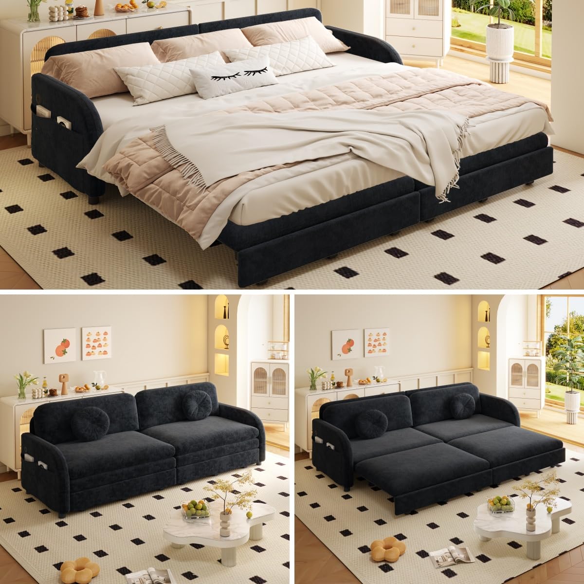 81.1'' Pull Out Couch Bed King Size, Chenille Sleeper Sofa Daybed, 3 in 1 Convertible Couches, Futon Sofa with 2 Pillows, Storage Pockets, USB, 3-Seater for Small Spaces, Living Room, Black