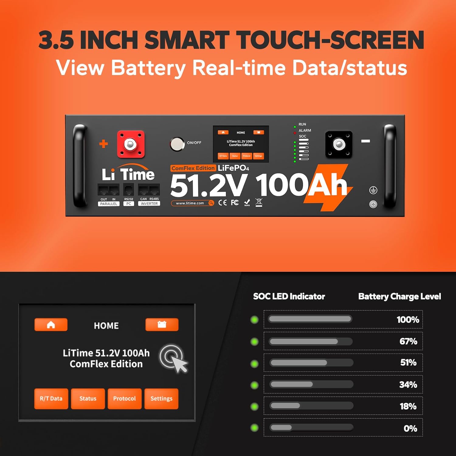 Litime 51.2V 100Ah LiFePO4 Battery touchscreen display showing data and settings