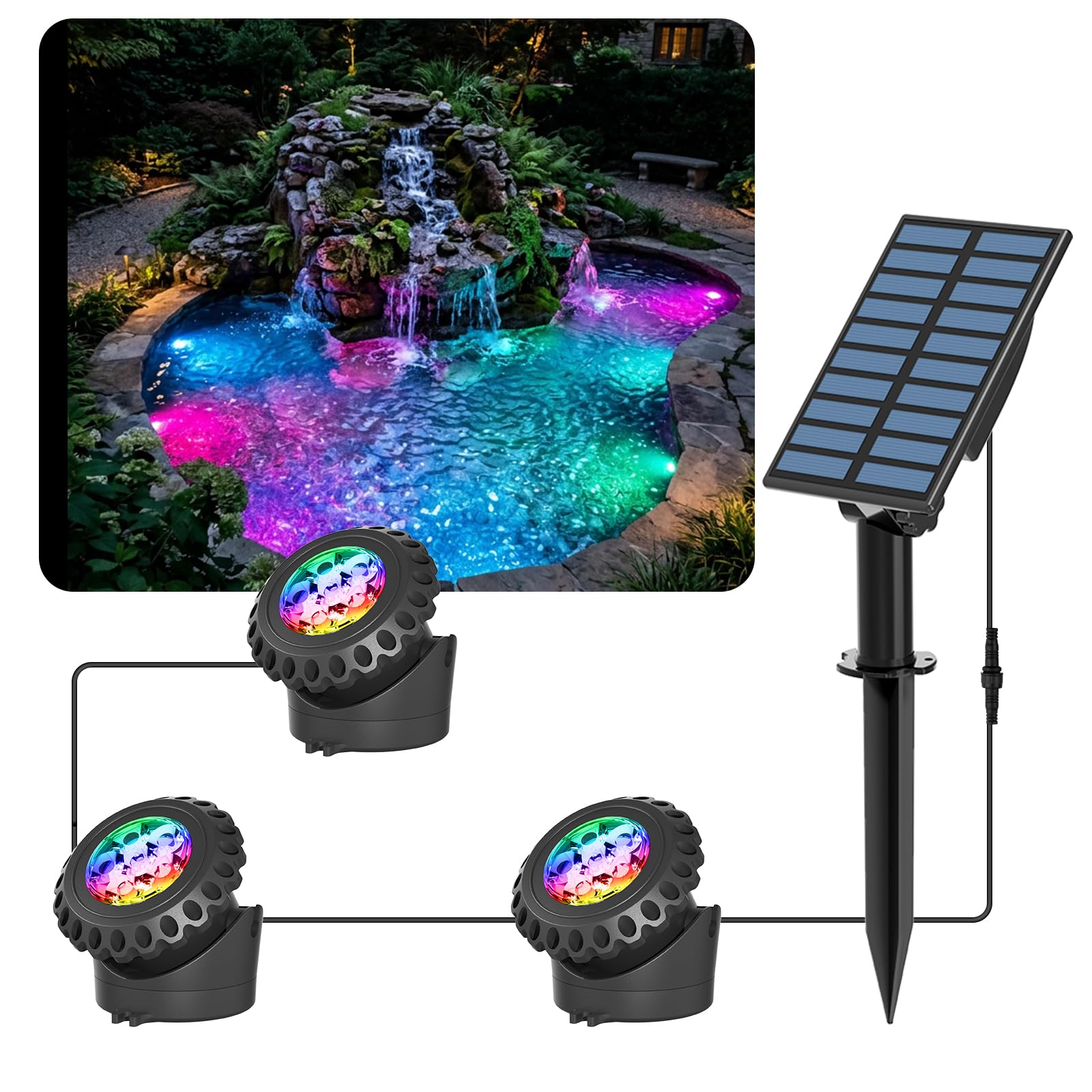 T-SUN Solar Pond Lighting RGB Solar Underwater Spotlight LED Pond Light with IP68 Waterproof RGB Colour Changing Landscape Headlight Garden Lighting for Garden, Patio, Tree (Set of 3)