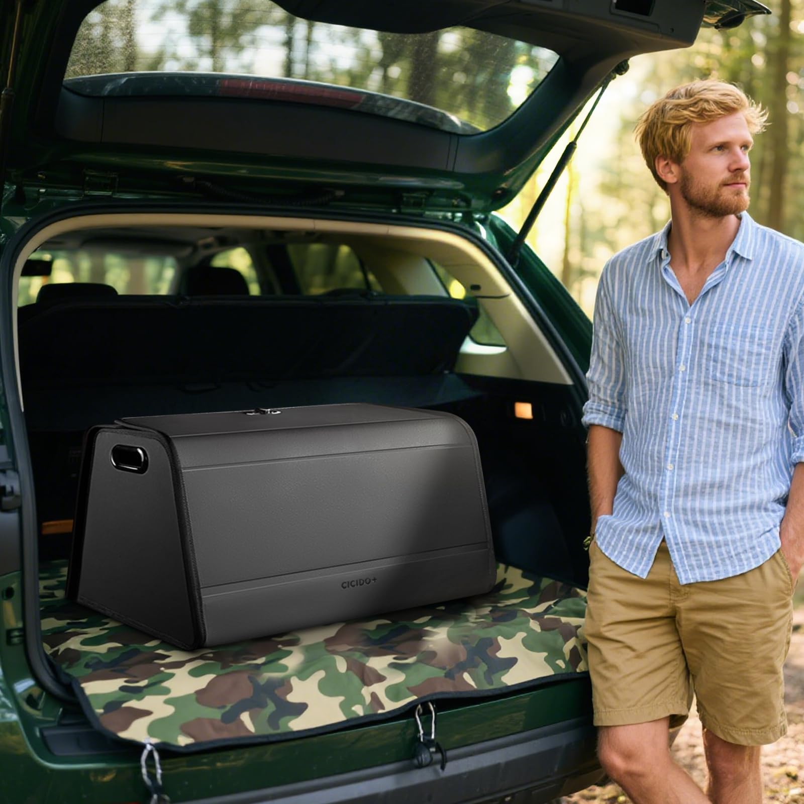 Ergocar Organizador de Maletero de Coche, Plegable Cuero de PU Organizador de Coche para Almacenamiento, Organizador de Maletero con Tapa, Base Antideslizante, Apertura de 180°, para Coches y SUV