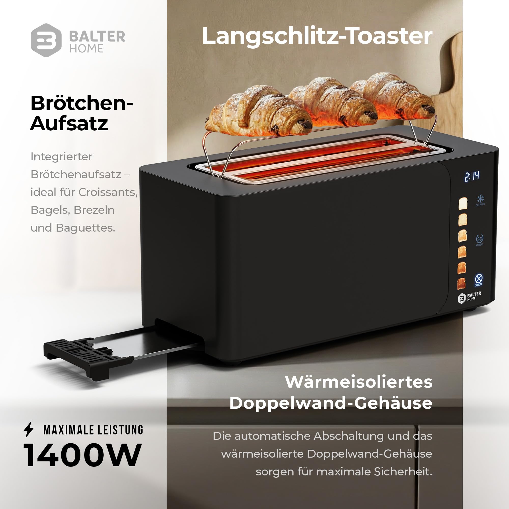 Balter Toaster 4 Scheiben, Touch Bedienung, Langschlitz, Edelstahl, Brötchenaufsatz, LCD Display Langschlitztoaster, Auftaufunktion, Brotzentrierung, TS-44 Schwarz matt