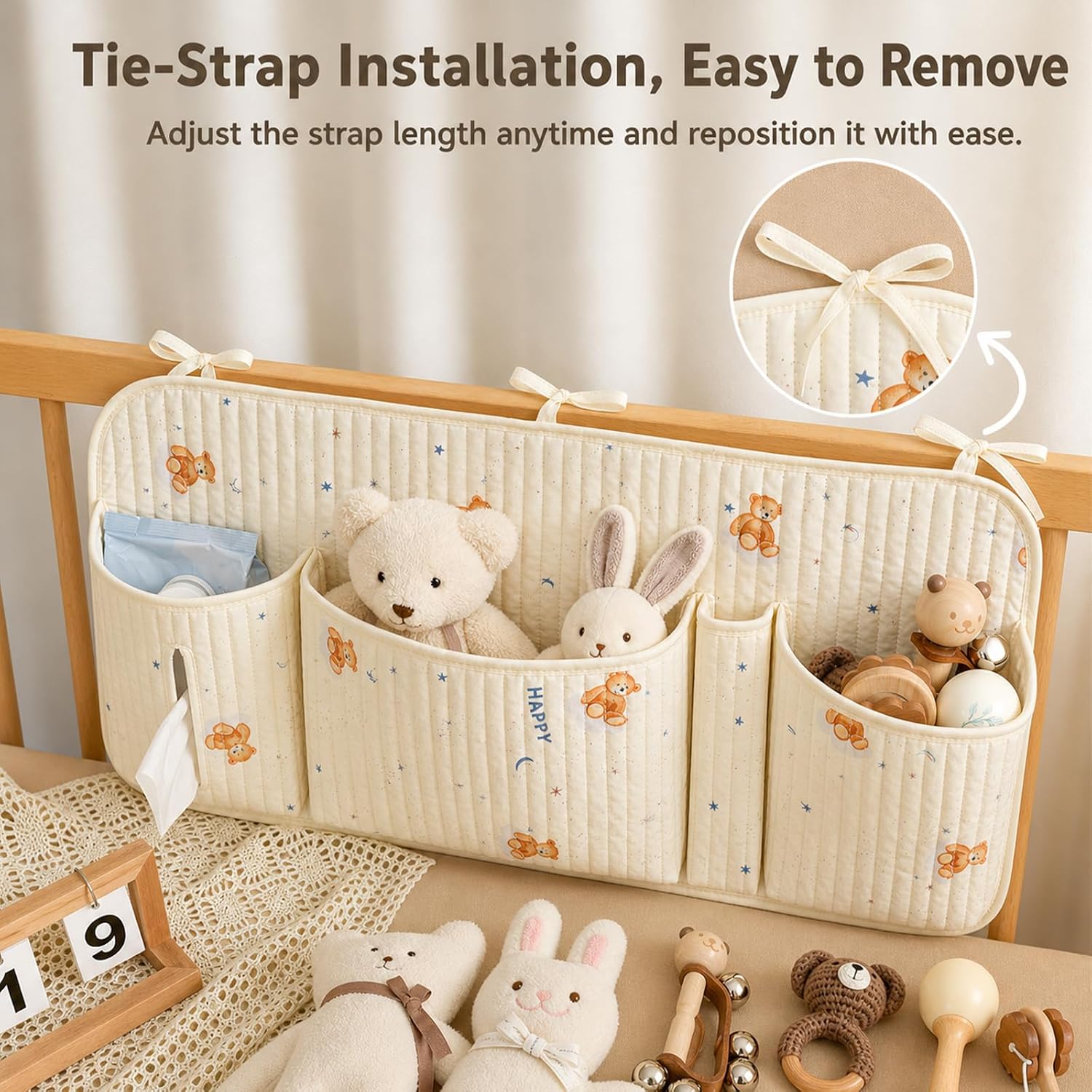 Bedside Caddy Nursery Storage Organizer, Montessori Playpen Crib Accessories with Book & Toy Pockets, Hanging Diaper Organizer for Nursery Organization, Baby Shower
