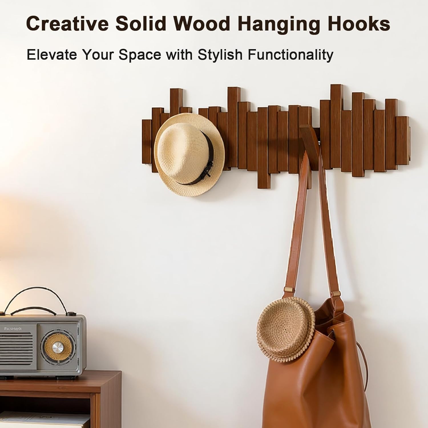Modern Wooden Coat Rack, key holder wall mount– Handmade Solid Walnut Flip Hook Rack with Hidden Mount, Decorative Entryway Wall Hooks for Coats, Bags & Hats, Space-Saving Design (Black,8Hooks)